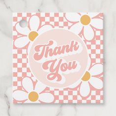 a thank card with the words thank you in pink and yellow on a checkered background