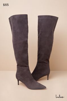 Make a sleek and chic statement this season with the Lulus Tierny Charcoal Suede Pointed-Toe Over-the-Knee Boots! These must-have boots have a soft faux suede construction that shapes a pointed-toe upper that leads to a 20"" over-the-knee shaft with a 17"" circumference. An 8"" zipper at the instep makes for easier on-and-off, while a low stiletto heel completes the flirty look! 2. 5" wrapped stiletto heel. Lightly cushioned insole. Rubber sole has nonskid markings. Man Made Materials. Imported. Lulus | Tierny Charcoal Suede Pointed-Toe Over-the-Knee High Heel Boots. Suede Knee-high Boots With Pointed Toe, Trendy Pointed Toe Knee-high Boots With Zipper, Chic Suede Knee-high Boots With Reinforced Heel, Pointed Toe Knee-high Boots With Reinforced Heel Medium Width, Black Knee-high Boots With Pointed Toe And Medium Width, High Heel Boots Knee, High Heel Boots, Over The Knee, Over The Knee Boots