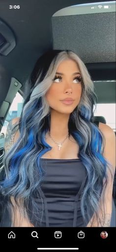 Black Blue And Blonde Hair, Blue Black And Blonde Hair, Black With Color Hair, Black And Blue Hair Underneath, Blue Blonde And Black Hair, Blue Hair With Money Piece, Black With Blue Underneath Hair, Colorful Money Piece Hair Brunette, Blue Hair Dye Underneath