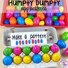 an egg carton filled with colorful eggs and the words humpty dumppy egg patterns