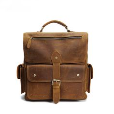 a brown leather backpack with two straps and buckles on the front, sitting against a white background