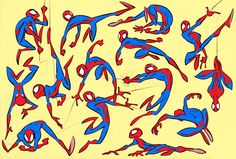 a drawing of spider man poses in various positions, with his arms and legs spread out