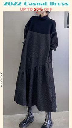 Elegant Loose Solid Color Turtleneck Patchwork Texture Long Sleeve Pleated Hem Dress in 2022 | Dresses, Turtle neck, Hem dress Turtle Neck Dress Outfit, Dresses Turtle Neck, Simple Dress Casual, Asymmetrical Style, Patchwork Sleeve, Black Sugar, Casual Turtleneck, Winter Dress Outfits, Androgynous Fashion