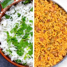 two pictures side by side one has rice and the other has vegetables on top of it