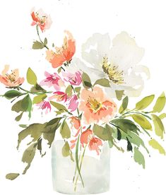 a watercolor painting of flowers in a vase