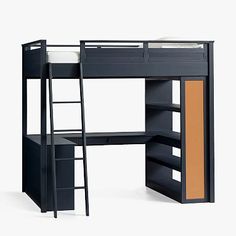 a bunk bed with a desk underneath it and ladders to the bottom, against a white background