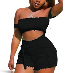 Marysol.Boutique Ribbed Off The Shoulder Shorts Set Women's 2-Piece This Set Is Giving Me Life! Material: Polyester Color: Black Style: Street Type: Shorts Set Sleeve: Off Shoulder Neckline: Bateau Neck Finish: Belt Black Two-piece Crop Top For Summer, Summer Black Two-piece Crop Top, Black Two-piece Bottoms For Summer, Trendy Black Two-piece Bottoms, Bateau Neck, How To Make Clothes, Black Style, Shorts Set, Woman Colour