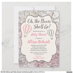 a pink and white baby shower with hot air balloons on the map, says oh the places she'll go