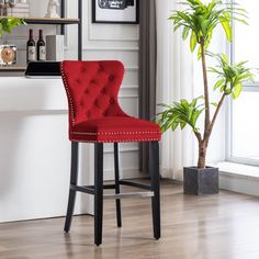 Hank 29" Tufted Velvet Bar Stool Black - Costaelm Red Velvet Bars, Red Bar Stools, Tufted Dining Chairs, Folding Adirondack Chairs, Outdoor Side Table, Nail Head, Chair Types