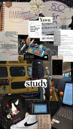 a collage of images with the words study written on them and various items surrounding it