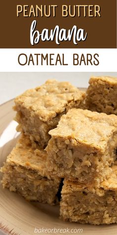 peanut butter banana oatmeal bars stacked on top of each other with text overlay