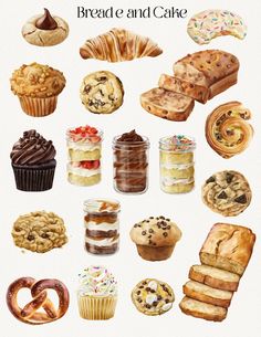 watercolor painting of different types of bread and cake