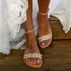 Handcrafted US sizing. Fits true to size. Bohemian Style Shoes, Flat Sandals Wedding, Beach Wedding Sandals, Beach Wedding Shoes, Summer Sandals Flat, Basic Heels, Rhinestone Flats, Wedding Flats, Bridal Sandals