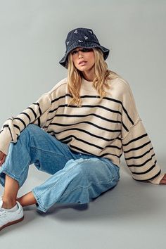 Striped Ribbed Knit Pullover with Mock Neck and Exaggerated Cuff and Exposed Seams with Side Slit Color: Ivory 60% COTTON 40% ACRYLIC Skin Care Masks, Puzzle Jewelry, Cocktail Mix, Exposed Seams, Graphic Tee Dress, Top Graphic Tees, Knit Pullover, Tee Dress, Color Ivory