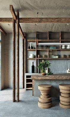 an industrial style kitchen with wooden shelves and stools