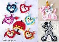 four different crocheted animals are shown together