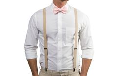 Look your best at the wedding, Quinceañera, prom, homecoming, in family and engagement photos, at parties or even on the red carpet! These LIGHT PINK BOW TIE and TAN SUSPENDERS make a great groom, groomsmen and ring bearer outfit.For MEASUREMENT DETAILS, see a measurement chart in the photos.BOW TIE• Pre-tied which makes it very easy to wear. It will keep its perfect shape throughout the event and won't look droopy.• Made out of matte NO shiny fabric.• Baby size is made with a velcro closure on Pink Bowtie Outfit Men, Blush Groomsmen Attire, Sleeping Beauty Quince, Light Pink Bow Tie, Blush Groomsmen, Bread Wedding, Hoco Fits, Brown Wedding Themes, Bestie Wedding