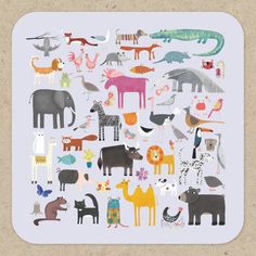 an illustration of various animals and birds on a white square plate with cork backings