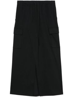 black elasticated drawstring waistband two side slit pockets two side cargo pockets rear welt pocket front slit calf-length Midi Skirt Black, Fringe Skirt, Black Midi Skirt, Scarf Men, Mens Scarves, Suit Accessories, Gray Skirt, Rugby Shirt, Drawstring Waistband