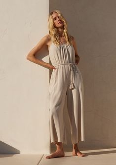 Elegant Summer Jumpsuits And Rompers With Adjustable Straps, Elegant Spring Jumpsuits And Rompers With Adjustable Straps, Wide Leg Jumpsuit For Beach, Chic Jumpsuits And Rompers With Adjustable Straps For Vacation, Beach Jumpsuits And Rompers With Spaghetti Tie Straps, Chic Maxi Length Jumpsuits And Rompers With Elastic Waistband, Sleeveless Jumpsuit With Tie Straps For Vacation, Sleeveless Jumpsuits And Rompers With Tie Straps For Vacation, Belted Strapless Sleeveless Jumpsuit