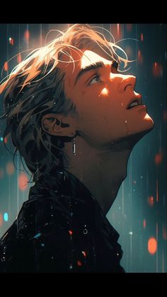 a man with blonde hair and ear piercings looking up at the sky in the rain