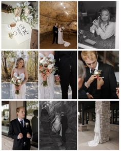 a collage of photos with people in formal wear and wedding attire, including the bride and groom