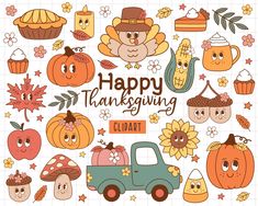 happy thanksgiving clipart set with pumpkins, apples and other fall related items illustration