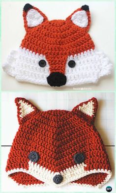 two crocheted hats made to look like a fox and a raccoon