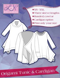 an origami tunic and cardigan sewing pattern is shown with the instructions to make it