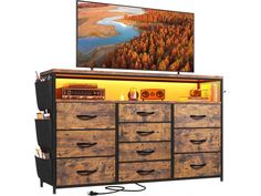 【Dresser for 55 TV with Ample Storage Space】This TV stand dresser measures 43.7W x11.7H x 33.4H and its wooden top holds up to 110lbs suitable for 55 TV. With 10 deep foldable fabric drawers, including 6 big drawers, 4 middle drawers, which provide endless organizational possibilities. The spacious wooden top and an open shelf is also perfect for keeping everyday essentials such as lamps, books, DVDs, decorations, etc. within easy reach【LED Light & Handy Charging】This wide dresser LED light is equipped with 20 colors , 22 dynamic modes, 10 flicker frequencies, and 5 brightness grades, which can be controlled by remote control, you can freely adjust the brightness and colors for any scene to enhance the atmosphere of your room. The dresser with charging station has 2 USB ports & 3 AC outlet Wood Open Shelves, Brown Dressers, Tv Stand For Bedroom, Tv Stand Dresser, Tv Stand Entertainment Center, Closet Hallway, Stand For Bedroom, Living Room Closet, Bedroom Tv Stand