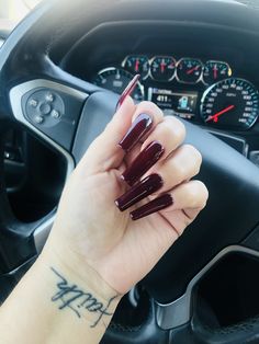 Red Wine Nails Acrylic With Design, Wine Red Nail Inspo Acrylic, Red Wine Nails Acrylic, Wine Red Acrylic Nails Coffin Long, Dark Cherry Red Nails Coffin, Deep Red Coffin Nails, Room Inspo Coquette, Clean Girl Room, Black Cherry Nails