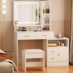 a bedroom with a white vanity and stool next to a mirror on top of a dresser