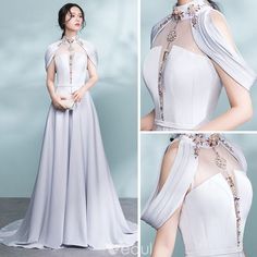 Modern / Fashion Grey Pierced Evening Dresses 2017 A-Line / Princess High Neck Strapless Beading Crystal Sash Sweep Train Backless Formal Dresses Baju Kahwin, Backless Formal Dresses, Fantasy Gowns, Modern Dress, 여자 패션, Fantasy Fashion, Ladies Dress Design