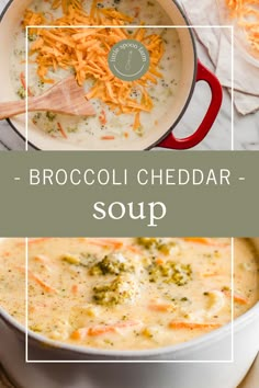 broccoli cheddar soup in a red pot with a wooden spoon on the side