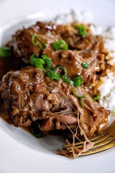 a white plate topped with rice and meat covered in gravy next to a fork