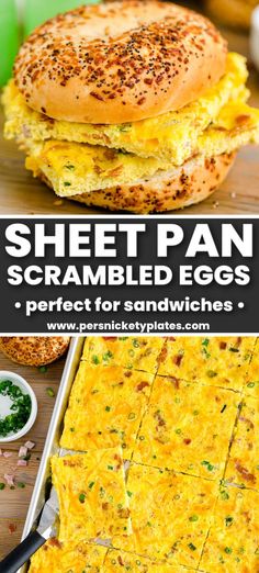 an egg sandwich with cheese on it and the words, sheet pan scrambled eggs perfect for sandwiches