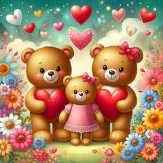 two brown teddy bears holding a heart in the middle of flowers and hearts flying above them