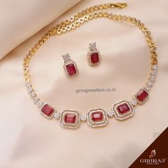 Ruby Diamond Necklace Square Ruby Necklace, Ruby Necklace Designs, Ruby And Diamond Earrings, Ruby Jewellery