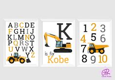 three construction themed wall art prints with the letters and numbers in black, yellow, and white