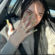 Acrylic Nail Designs Indie, Green Nails On Black Skin, Long Nails With Two Short Ones, Jhene Aiko Theme Nails, Short Olive Nails, Press On Nail Aesthetic, Olive Green Acrylic Nails Designs, Long Green Nails Acrylic, Duck Nails Green