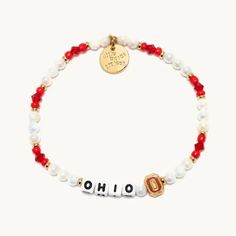 Bead bracelet from Little Words Project in the color scarlet and grey. Featuring the word Ohio State Logo, Little Words Project, Ohio Buckeyes, Crystal Beads Bracelet, Ohio State Buckeyes, Crystal Bracelet, Ohio State, Accessories Branding, Free Bag