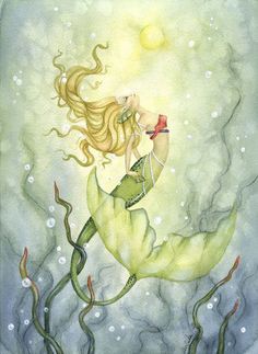 a watercolor painting of a mermaid with her hair blowing in the wind and bubbles