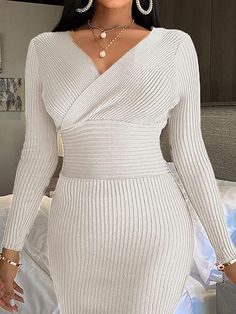 Material:10%-29% Polyester.Soft and high-quality fabric. Skin-friendly. lightweight. high elasticity also suit as a maternity dress.Features: Long sleeve. solid color. high waist. v neck. ribbed. bodycon mini dress. Fitted Long Sleeve V-neck Dress In Solid Color, Ribbed Stretch V-neck Dresses, Stretch Ribbed V-neck Dresses, Long Sleeve Sweater Dresses, Floral Dress Formal, Lace Formal Dress, Split Maxi Dress, Clubwear Dresses, Sweater Dresses