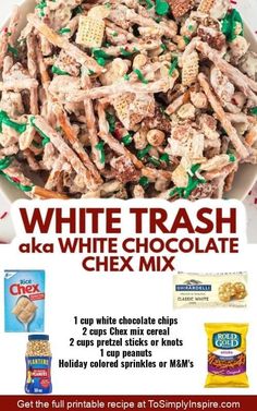 Almond Bark Chex Mix Recipes, White Chocolate Trash, Chex Snacks, Christmas Trash, Trash Recipe, Chocolate Chex Mix, Chex Snack Mix, To Simply Inspire