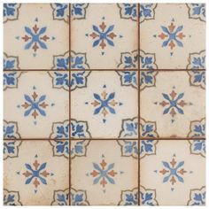 the tile is blue and white with brown accents