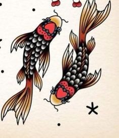 two koi fish and one horse are depicted in this japanese tattoo art print on paper