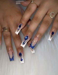 Square Acrylic Nails Royal Blue, Silver And Blue Acrylic Nails, Acrylic Nails Black And Blue, Royal Blue Quince Nails Medium, Royal Blue Nail Designs Ideas, Royal Blue Square Acrylic Nails, Navy Blue Quince Nails, Blue Bling Nails Rhinestones, Royal Blue Birthday Nails