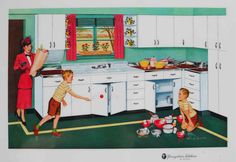 two children are playing in the kitchen while an adult watches