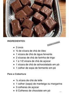 some brownies are in a pan with chocolate frosting on top and the words ingredients below it