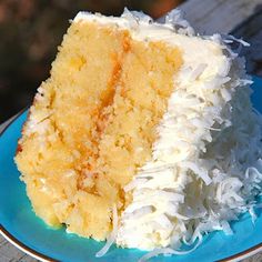 a piece of cake sitting on top of a blue plate